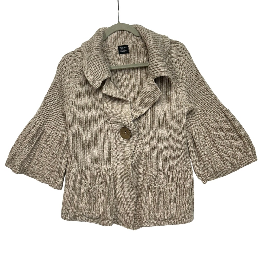 Tribal Womens XL Beige Cotton Chunky Knit Single Button Bell Sleeve Cardigan VTG